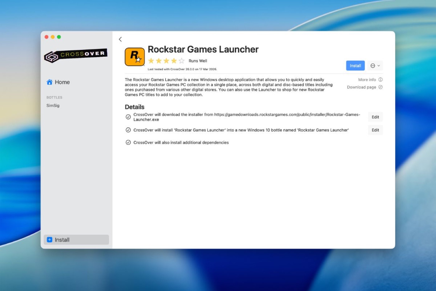 CrossOver install detail page for Rockstar Games Launcher